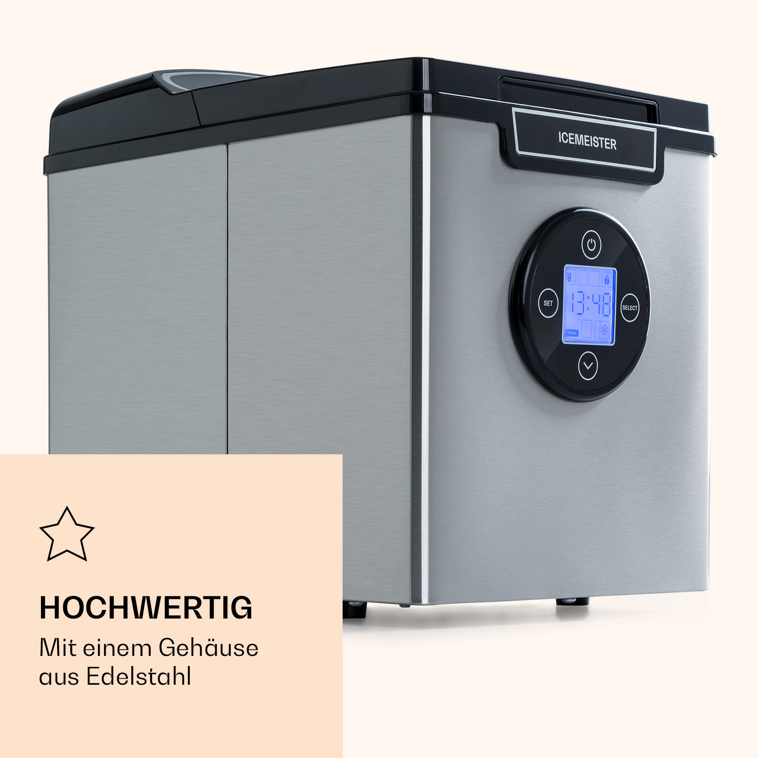 Fabbricatore di ghiaccio in acciaio inossidabile con display digitale e testo sulla scocca di alta qualità.