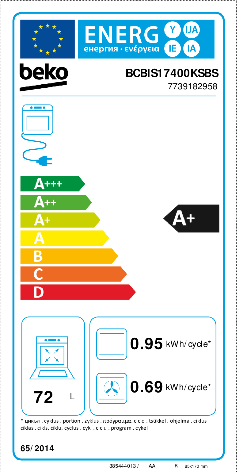 Etykieta energetyczna Beko modelu BCBIS17400KSBS z klasą A+, pojemnością 72L i zużyciem energii.