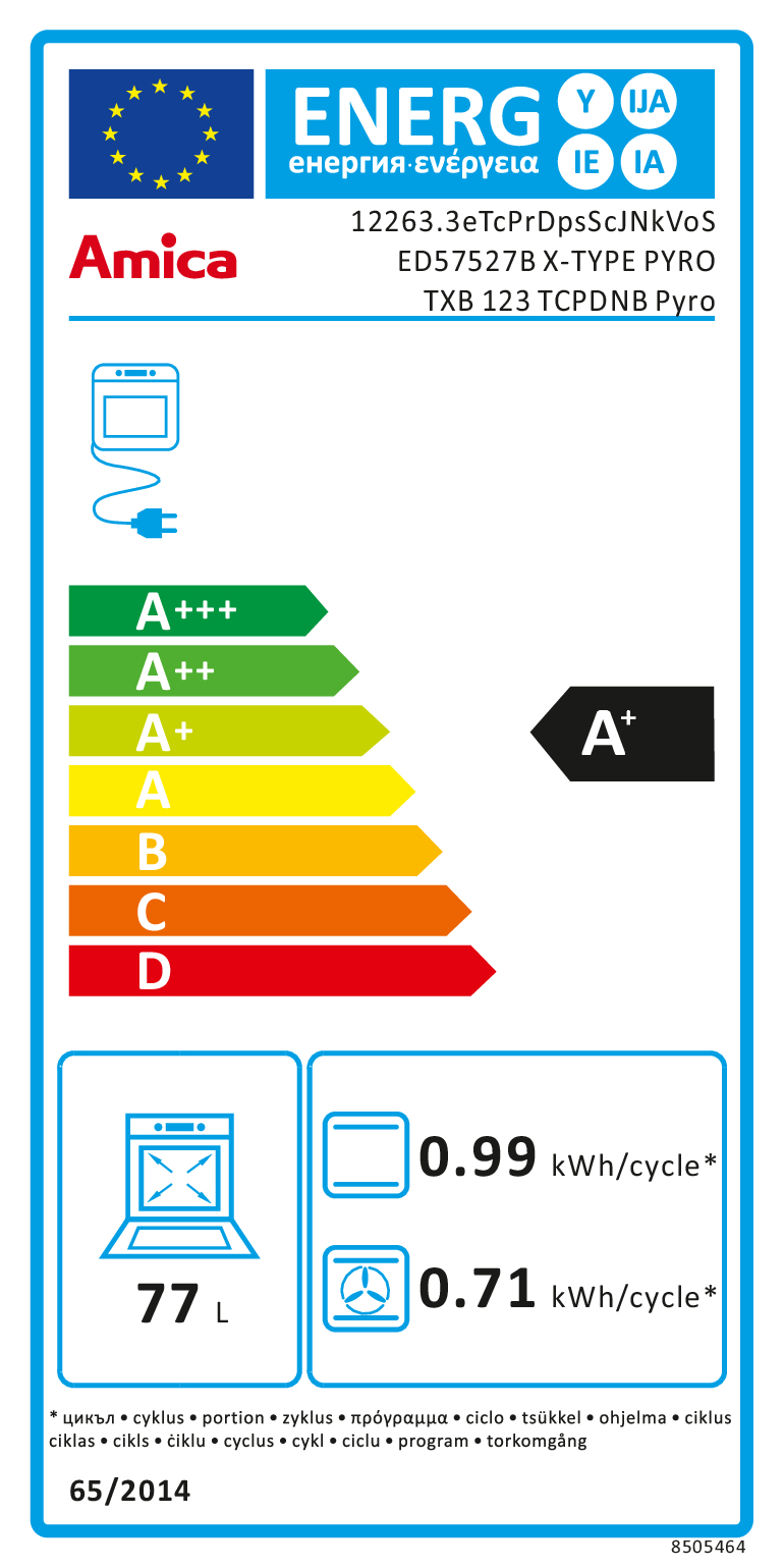 Etykieta energetyczna Amica dla piekarnika o klasie A+ i pojemności 77 litrów.