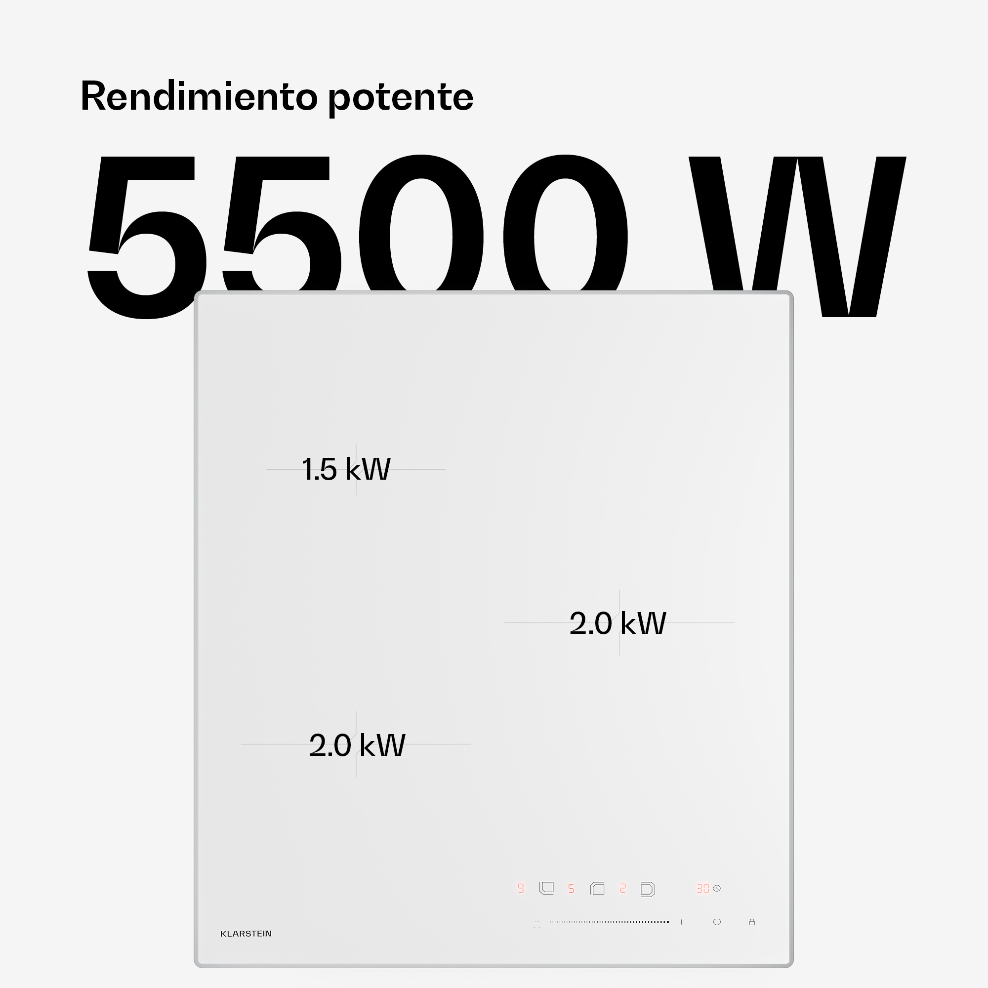 Weißes Induktionskochfeld mit 5500 W Leistung und drei Kochzonen mit 1.5 kW und zweimal 2.0 kW.