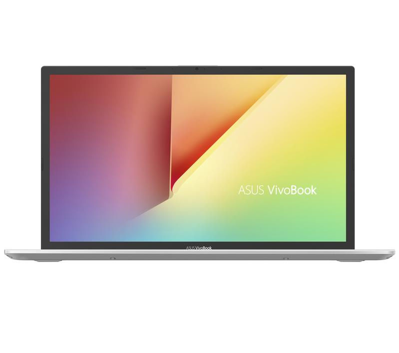 Frontalansicht eines silbernen ASUS VivoBook Laptops mit farbigem Bildschirm.