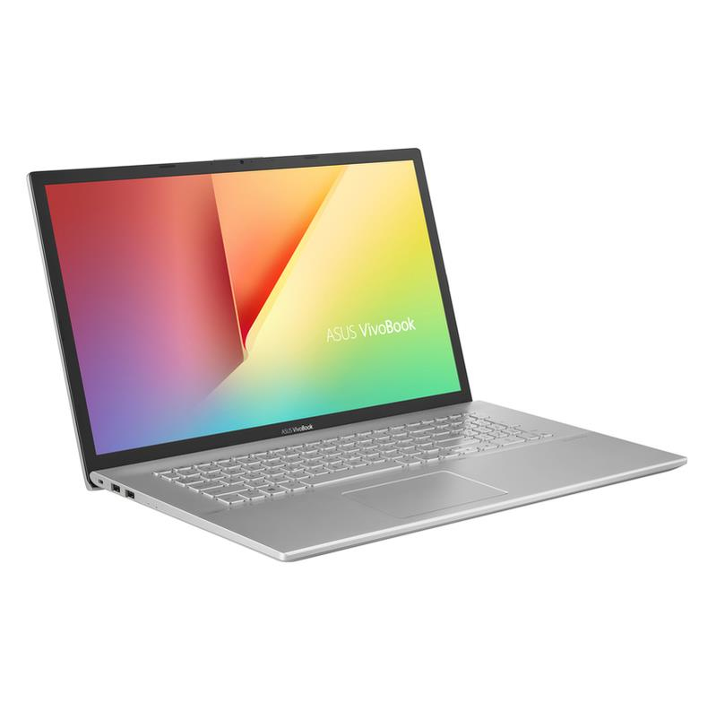 Ein offener, silberner ASUS VivoBook Laptop vor weißem Hintergrund zeigt ein buntes abstraktes Hintergrundbild.