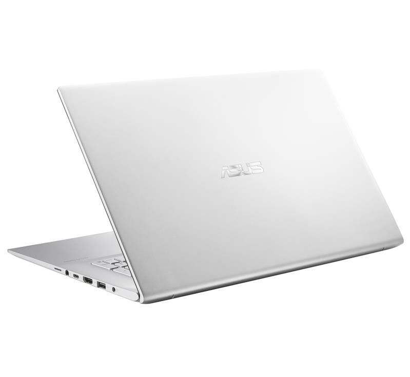 Ein silberner Asus Laptop steht auf weißem Hintergrund, mit sichtbaren Anschlüssen an der Seite.