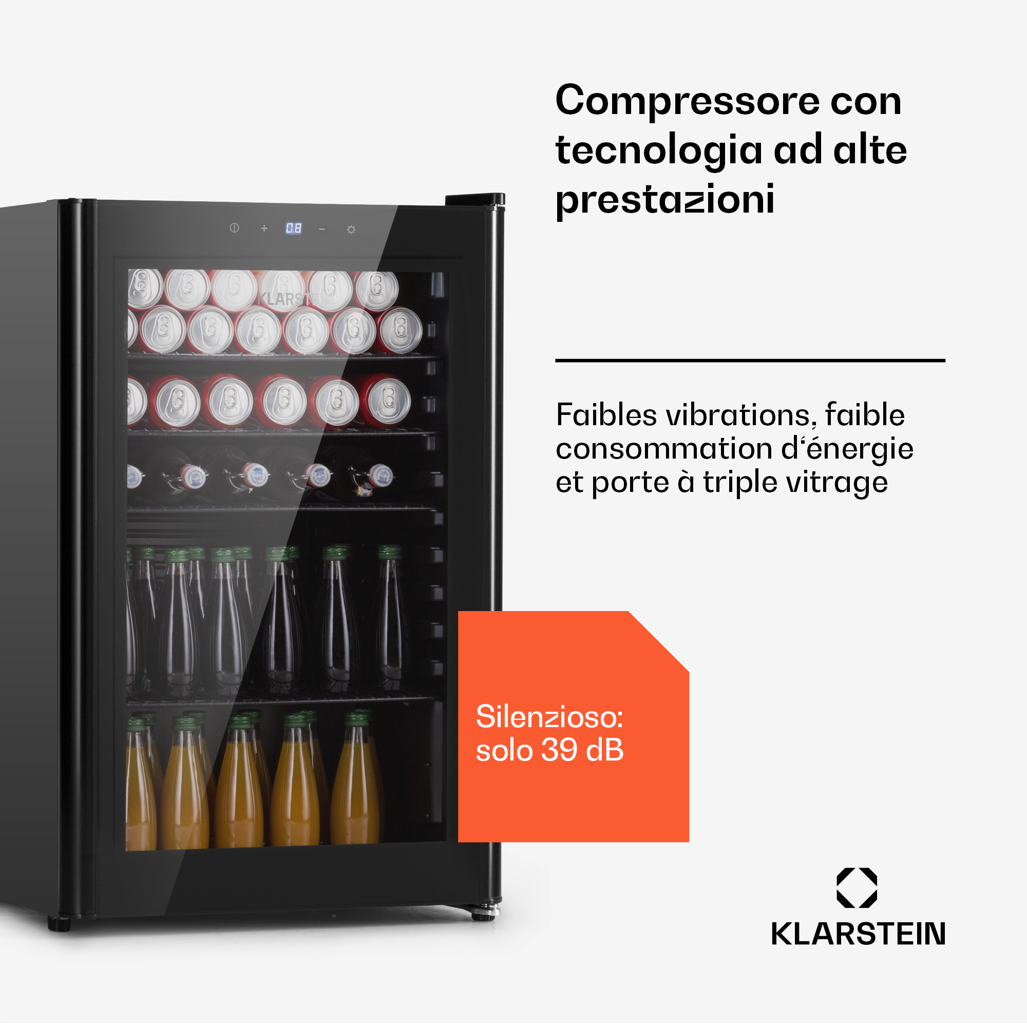 Klarstein Getränkekühlschrank mit Dosen und Flaschen, leiser Betrieb und digitale Temperaturanzeige.