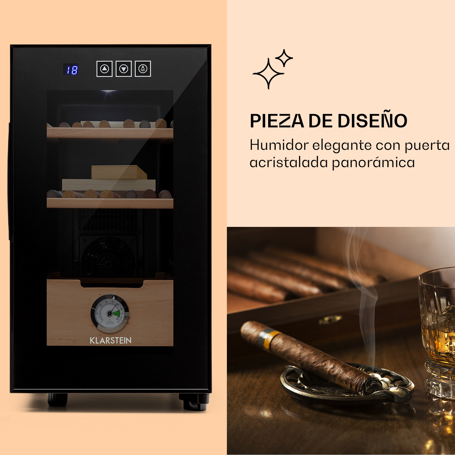 Un elegante humidor Klarstein con porta in vetro e ripiani in legno su sfondo beige.