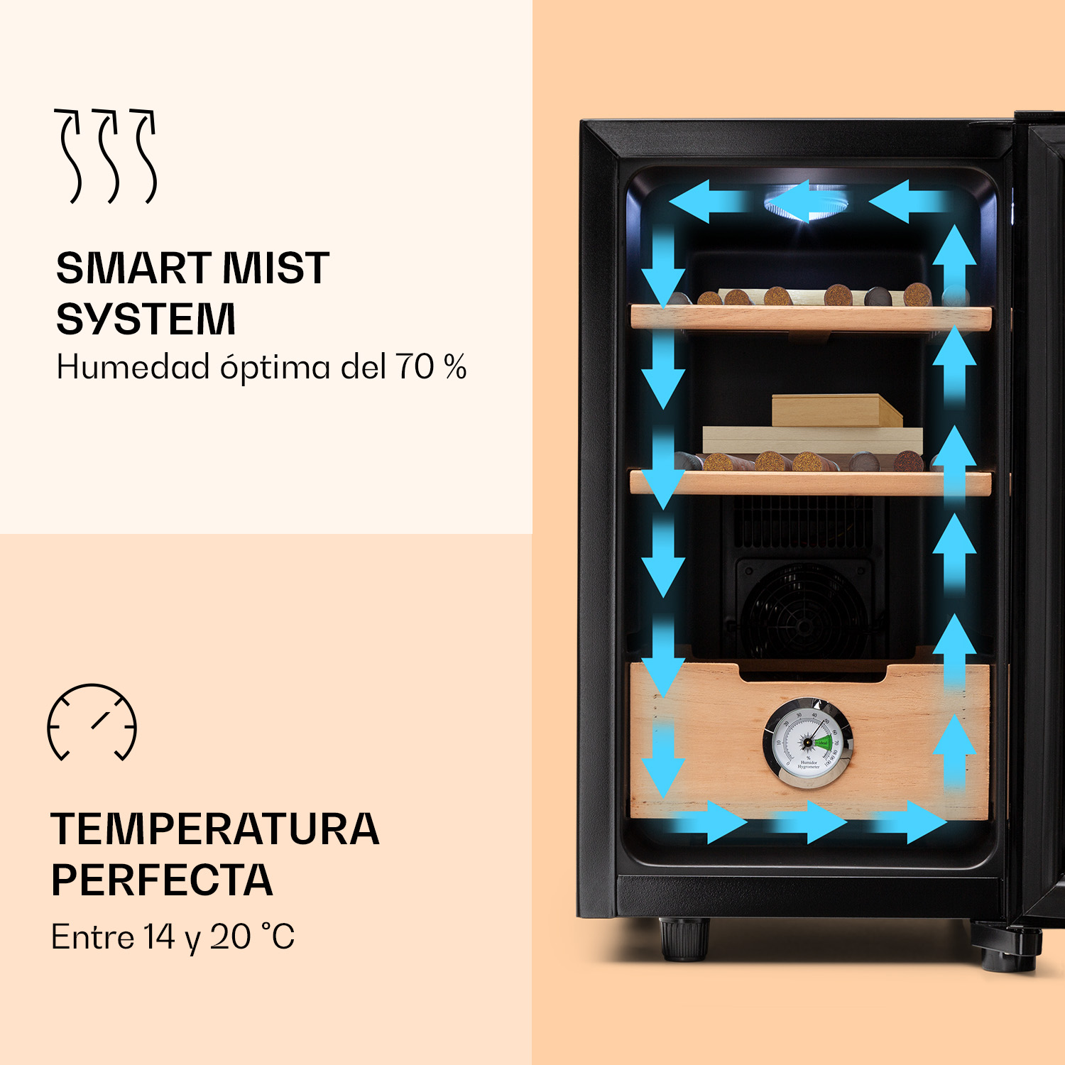 Un umidificatore per sigari nero con ripiani in legno, sigari, igrometro e diagramma di circolazione dell'aria.