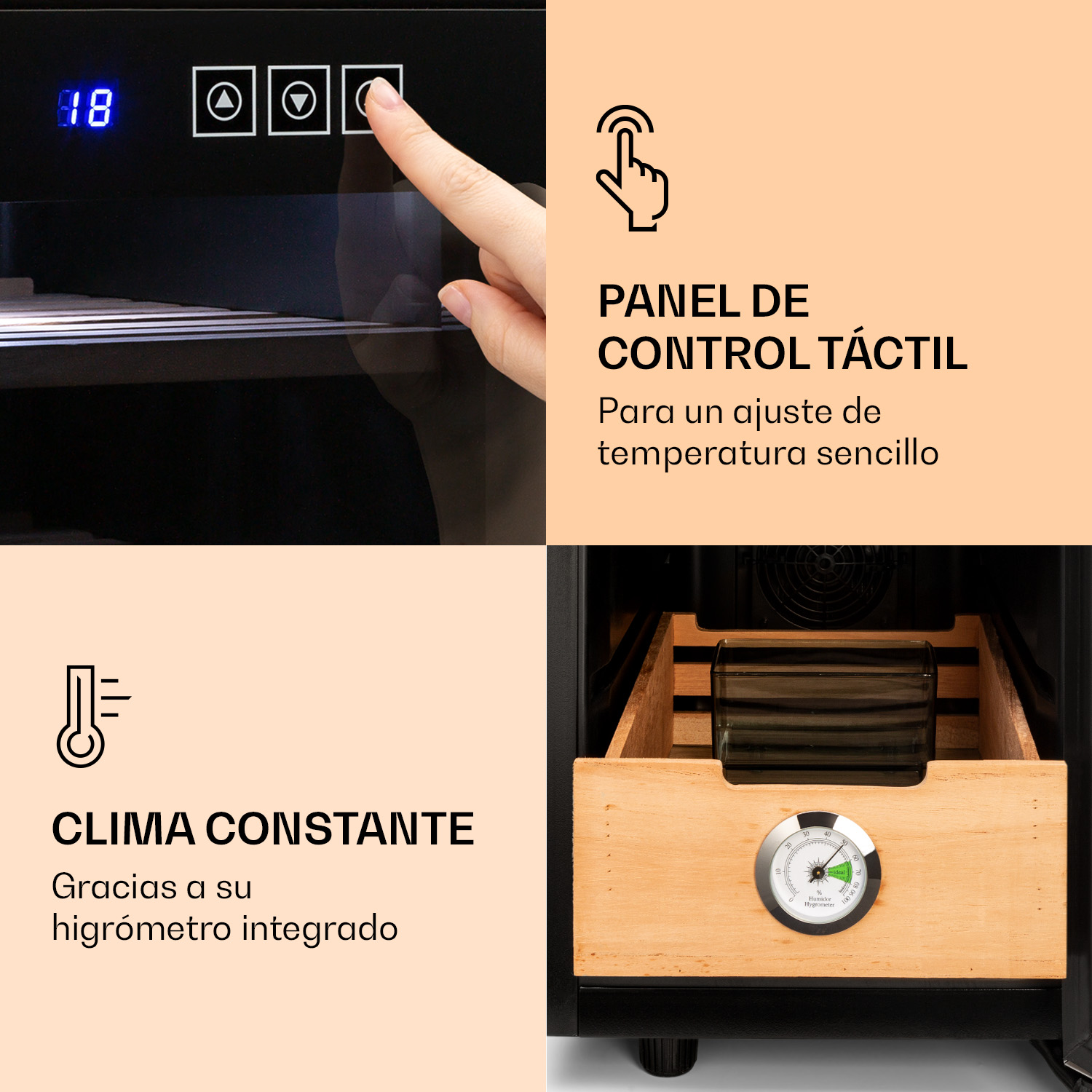 Quattro immagini divise mostrano un pannello touch, testo, un'icona di igrometro e una scatola di legno.