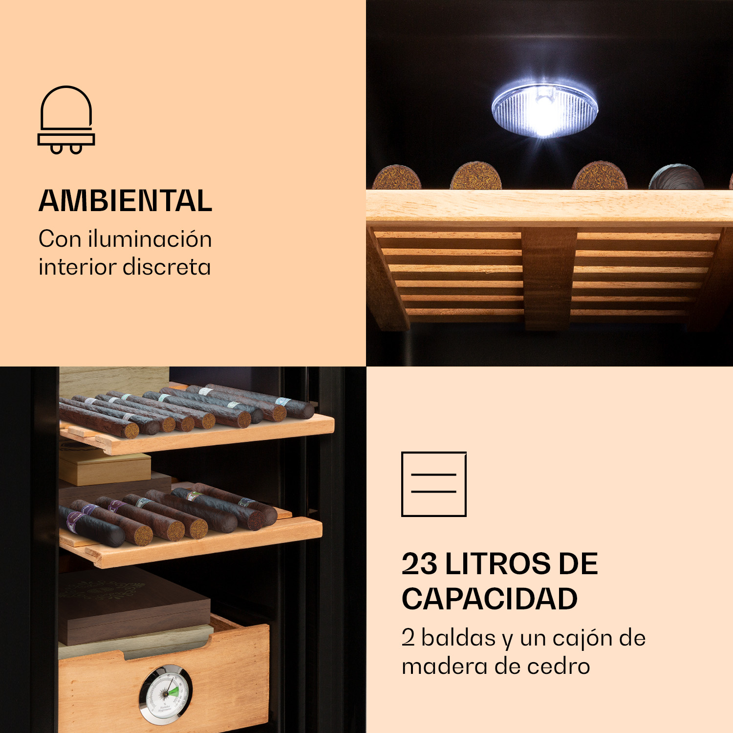 Un umidificatore con illuminazione interna, ripiani in legno e sigari.