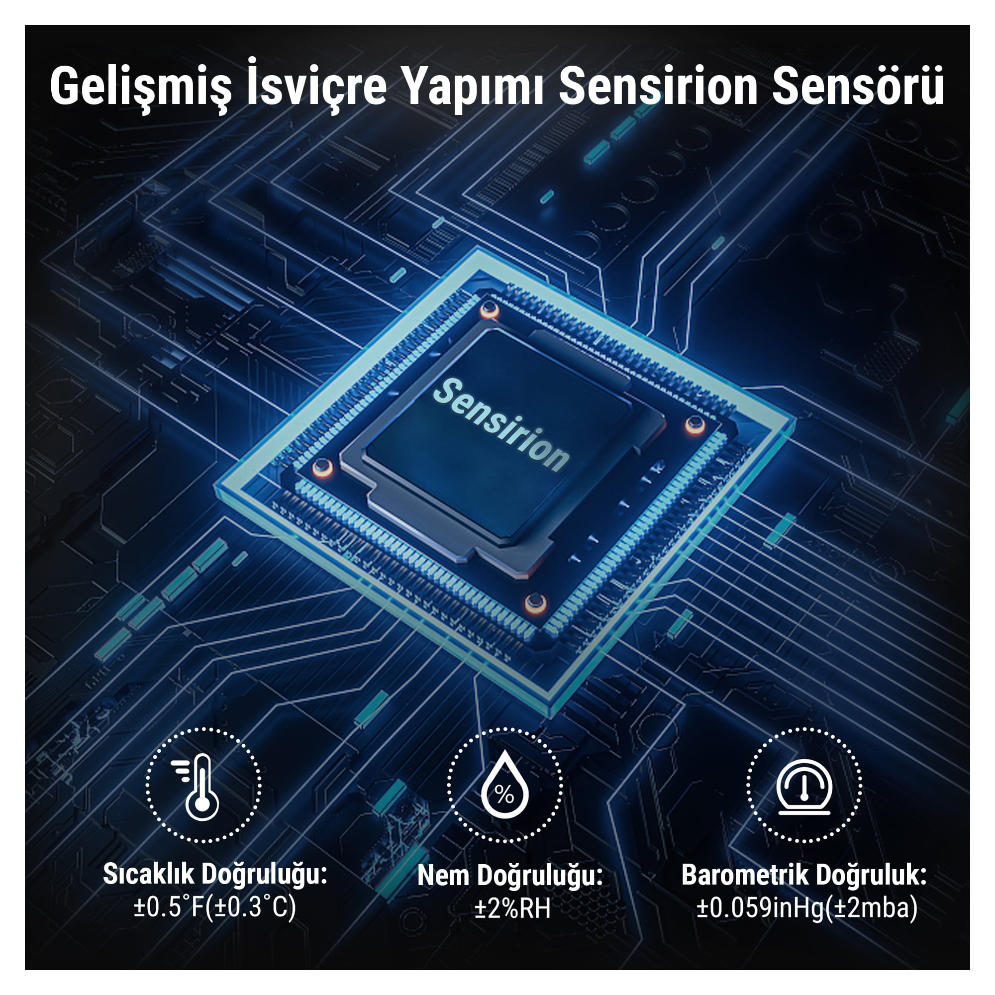 Mavi bilgisayar arka planında hassas sıcaklık, nem ve basınç verilerine sahip Sensirion sensörü.