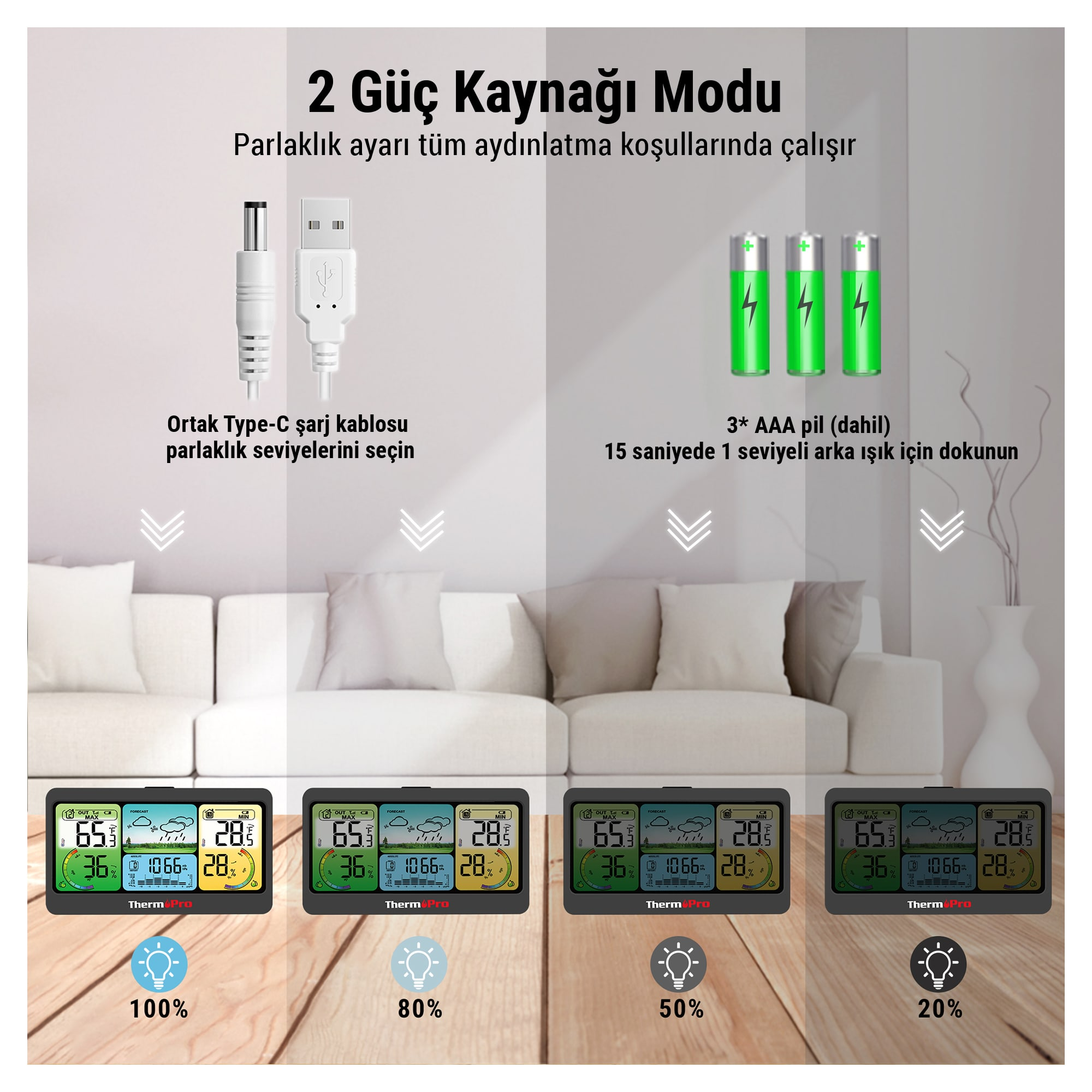 USB veya pil gücüyle çalışan, %100'den %20'ye ayarlanabilir arka ışık parlaklık seviyelerine sahip hava durumu istasyonu.