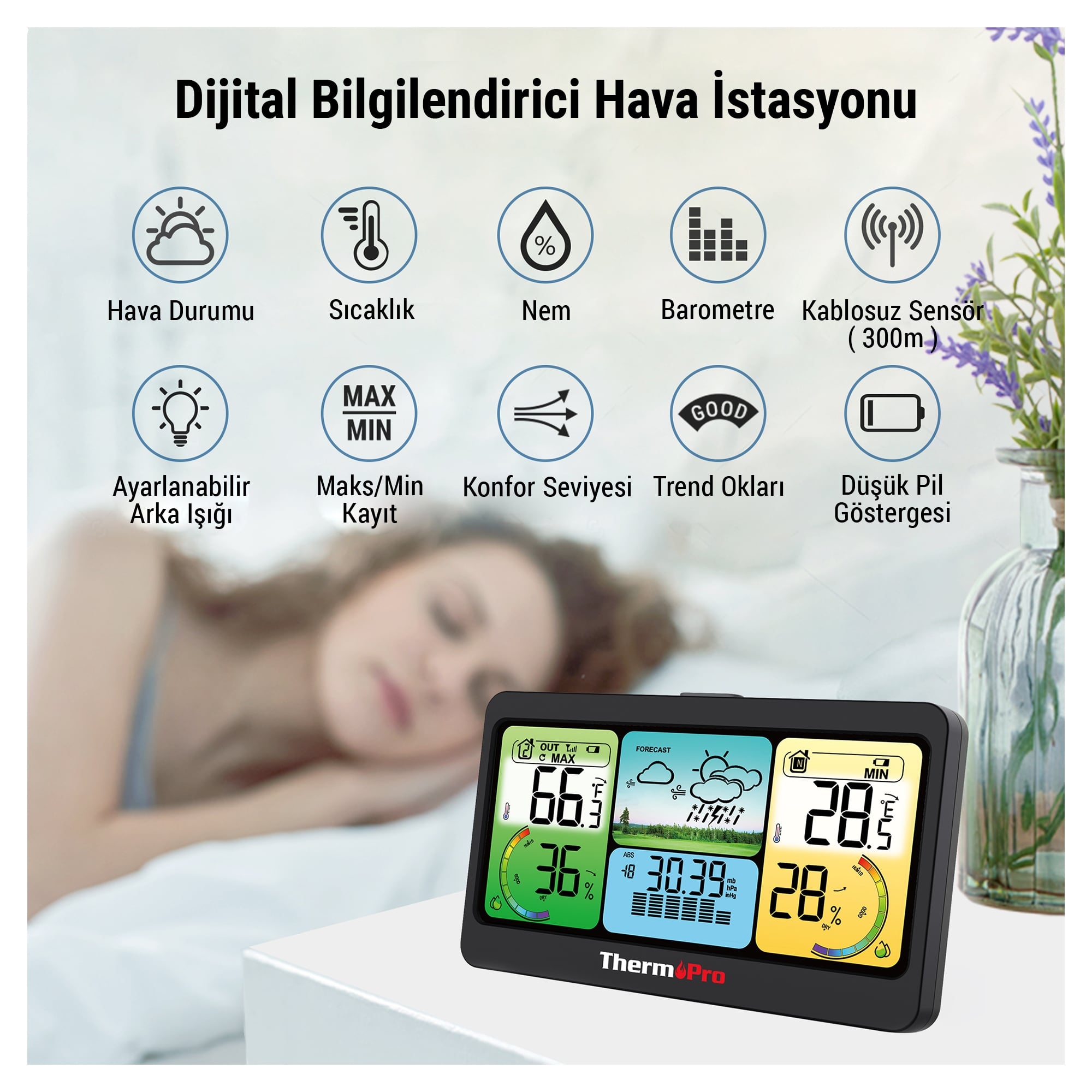 Yatak odasında ekranlı dijital hava durumu istasyonu, sıcaklık ve nem gibi özelliklerin simgelerini gösteriyor.