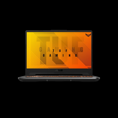 Ein ASUS TUF Gaming Laptop mit einem orangefarbenen TUF Gaming Bildschirm auf schwarzem Hintergrund.