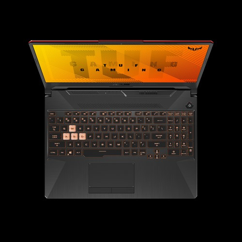 Ein schwarzer Asus TUF Gaming Laptop von oben, mit orangefarbenem Bildschirm und beleuchteter Tastatur.