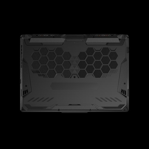Unterseite eines schwarzen Laptops mit Waben-Belüftungsschlitzen und kantigem Design auf schwarzem Hintergrund.