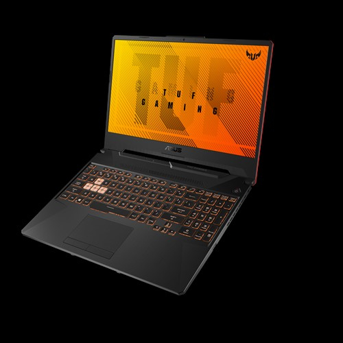 Ein schwarzer ASUS TUF Gaming-Laptop mit orangem Hintergrund auf dem Bildschirm und orange leuchtender Tastatur.