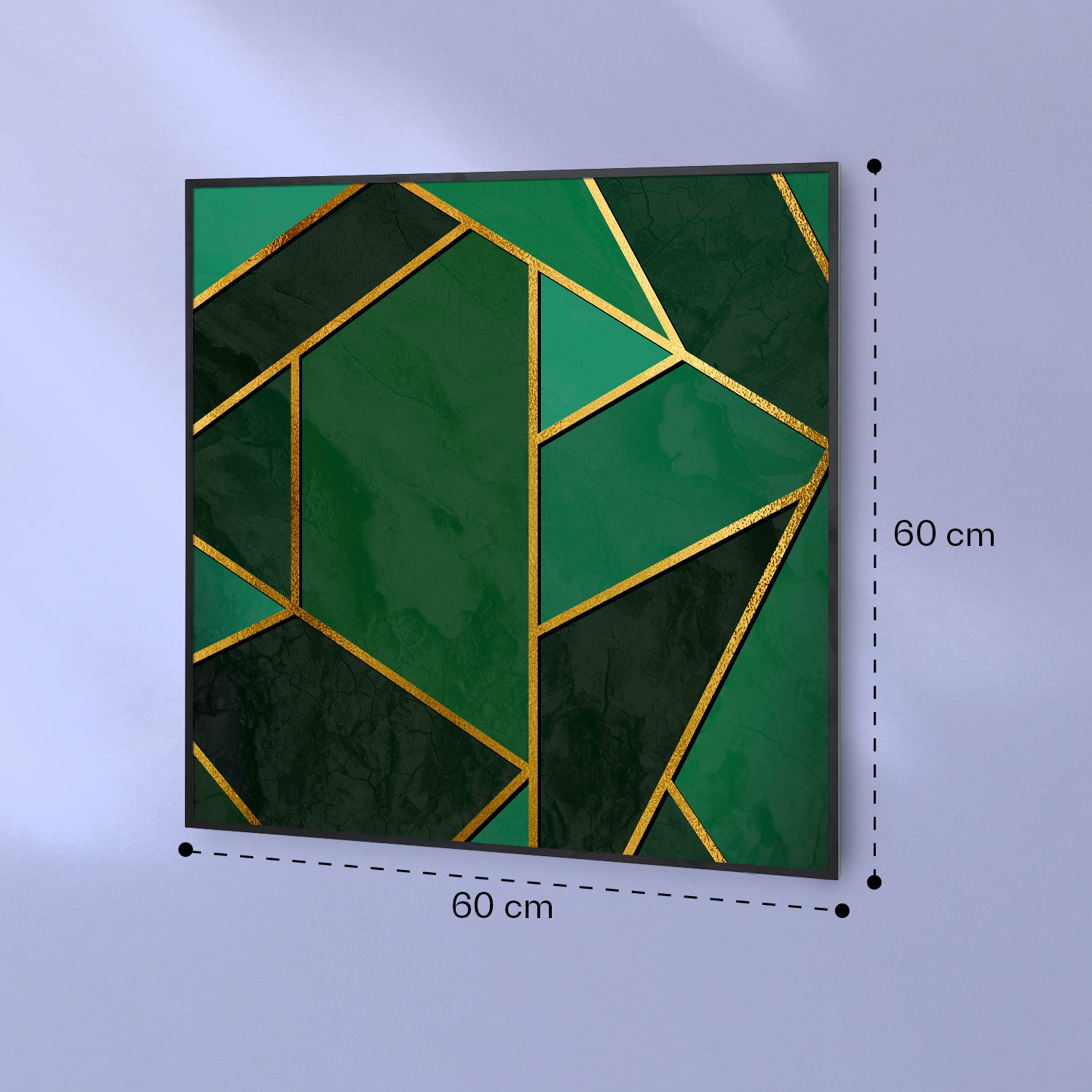 Quadro quadrato 60x60 cm con motivi geometrici verdi separati da linee dorate.