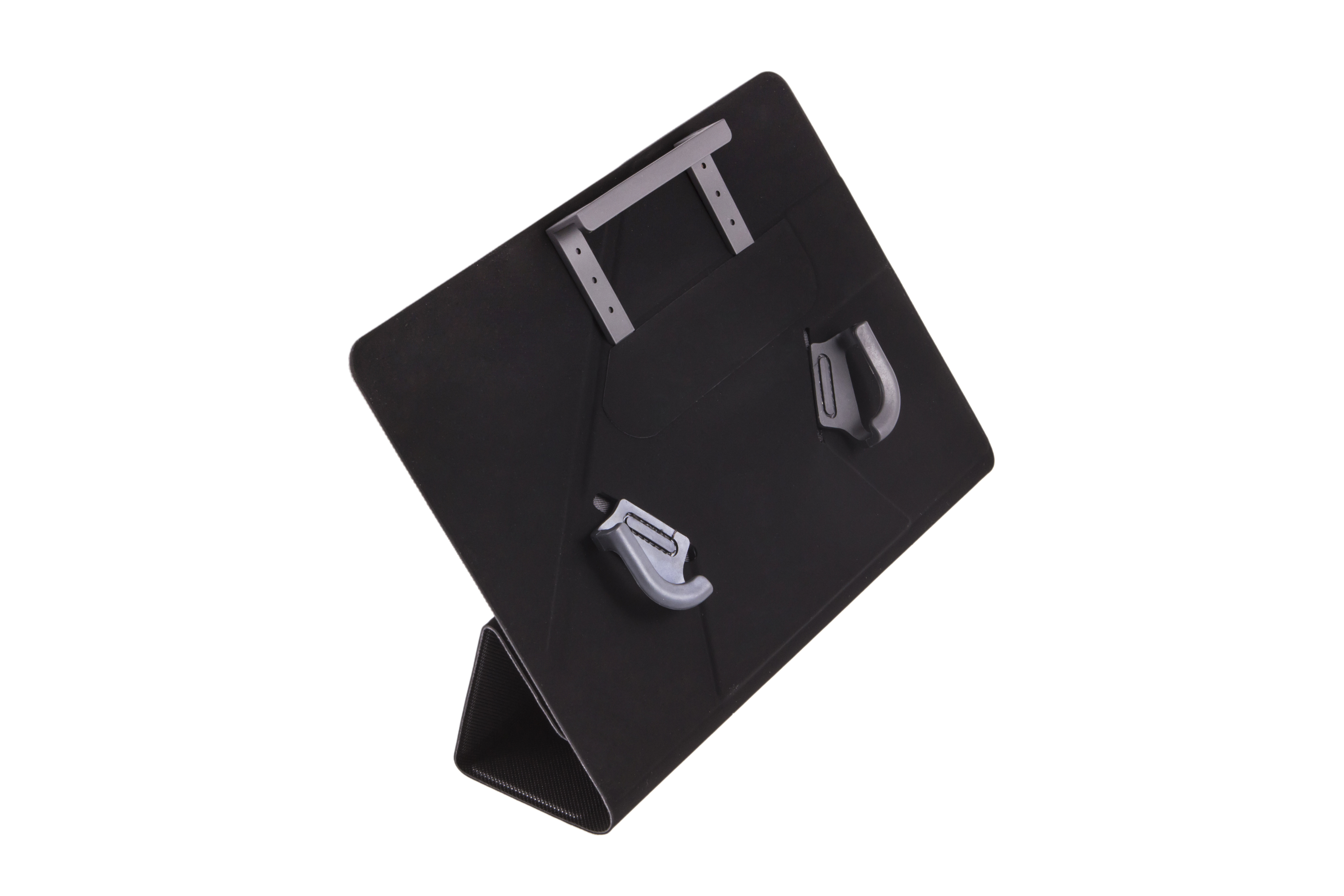 Soporte negro para tableta con lengüetas y clips sobre fondo blanco.