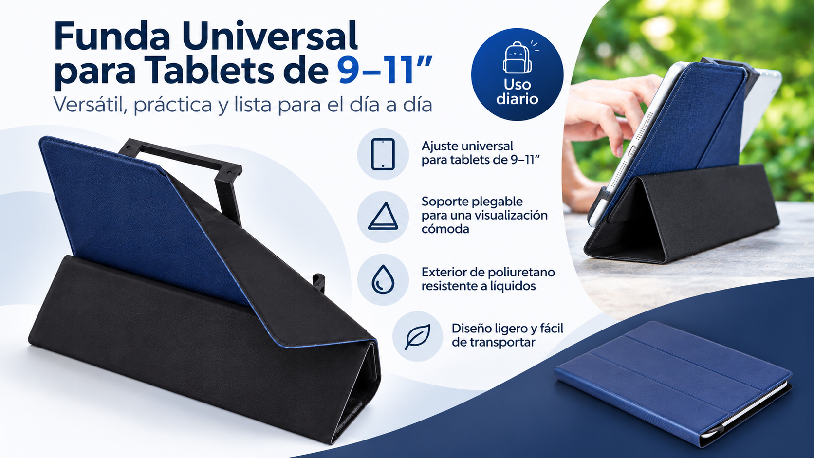 Funda y soporte universal para tablets de 9-11 pulgadas, con diseño en azul y negro y cubierta plegable.