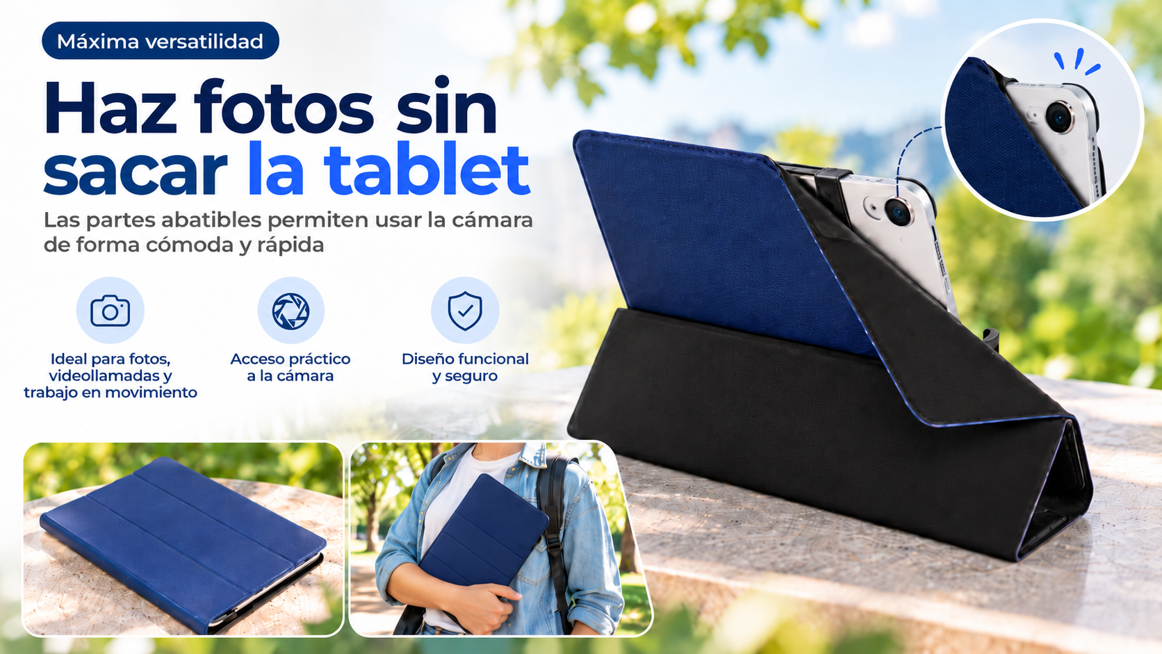 Funda azul para tablet con diseño plegable para acceso a la cámara.