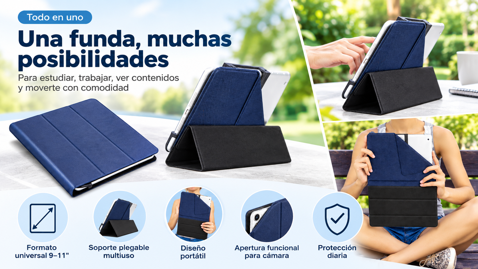 Una funda protectora azul para tablet con soporte integrado y varias funciones de uso.