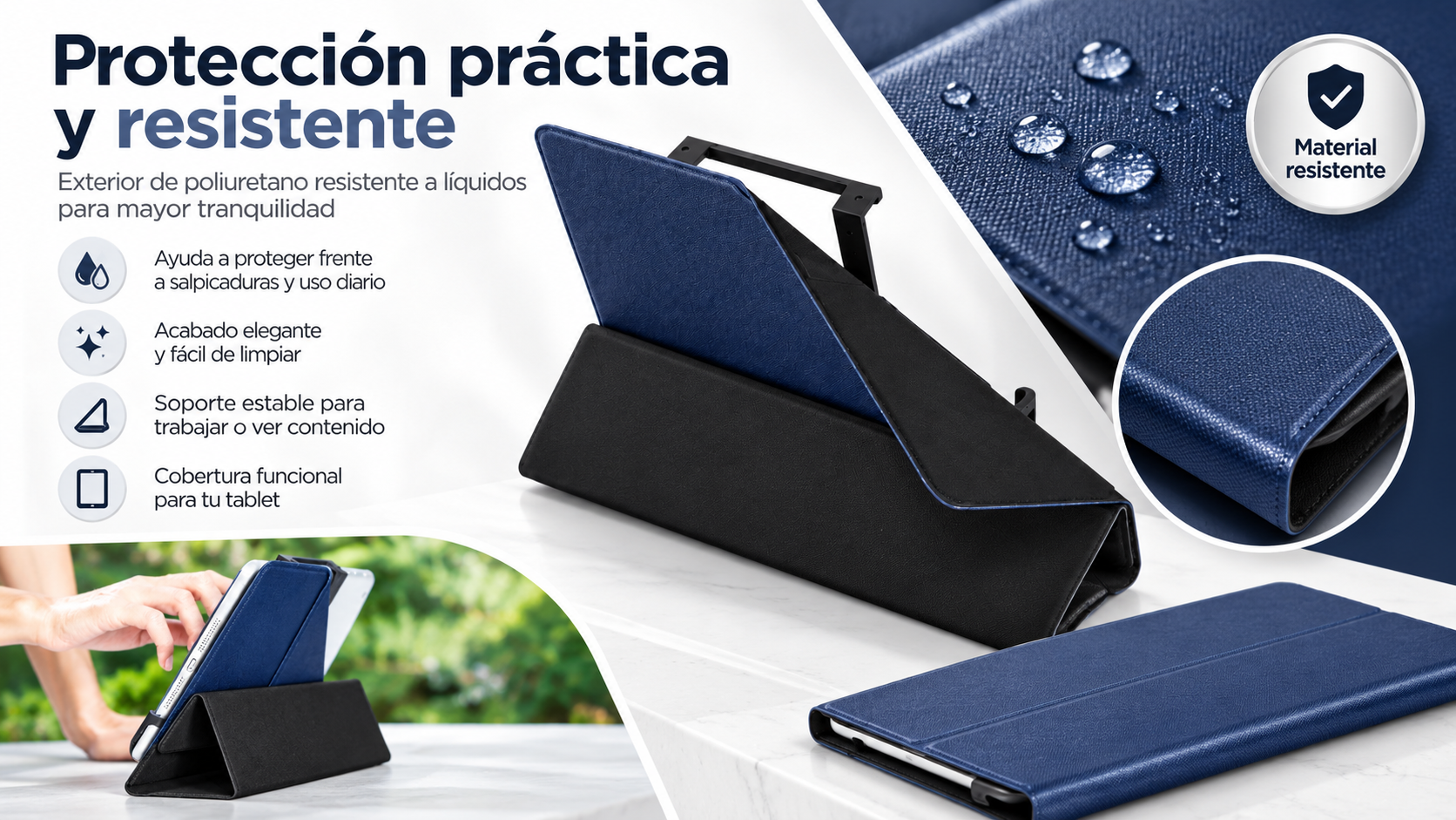 Funda para tablet azul y resistente al agua usada como soporte con texto en español.
