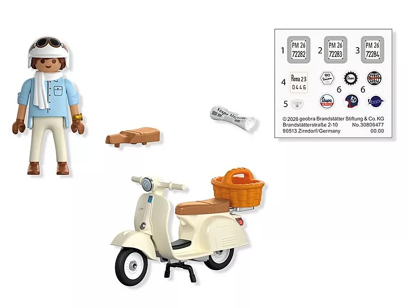 Scooter, ek koltuk, gazete ve çıkartma sayfası olan Playmobil figürü.