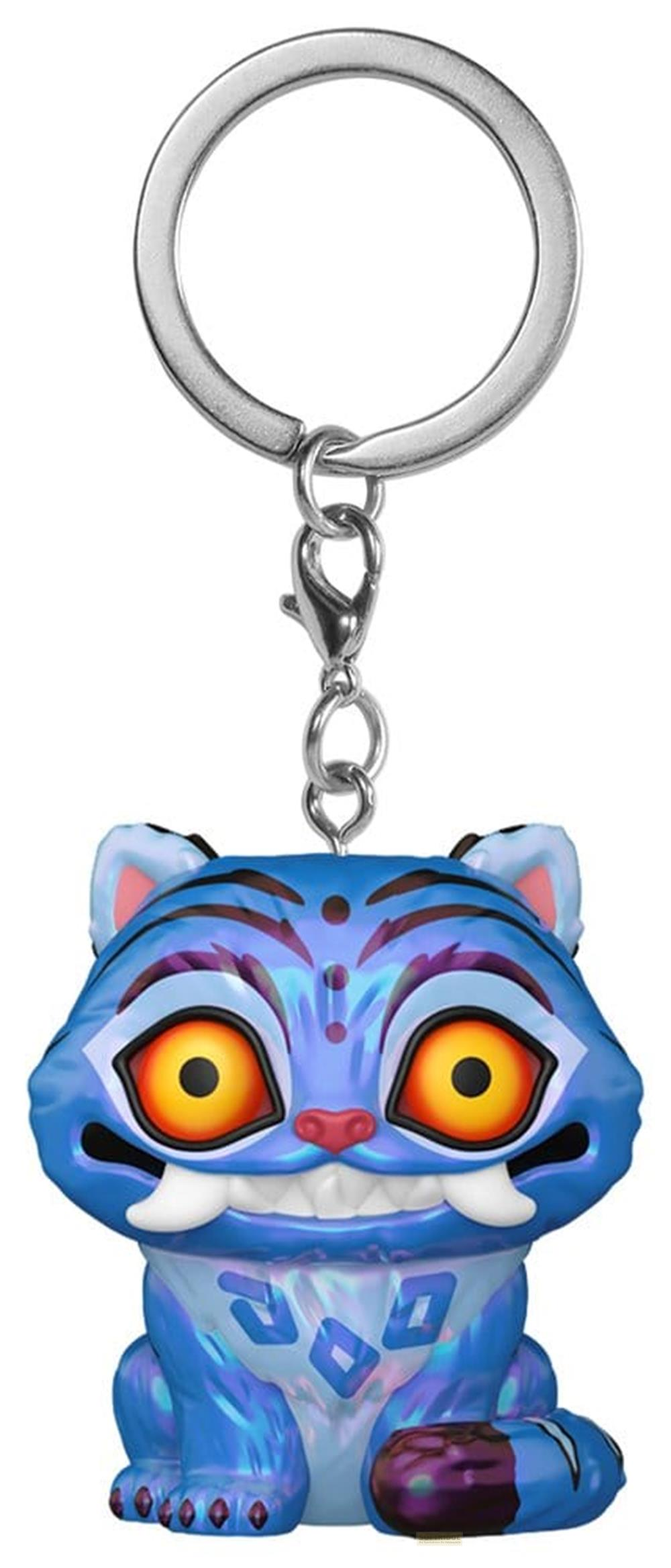 Llavero de tigre azul brillante con grandes ojos amarillos y colmillos descubiertos.