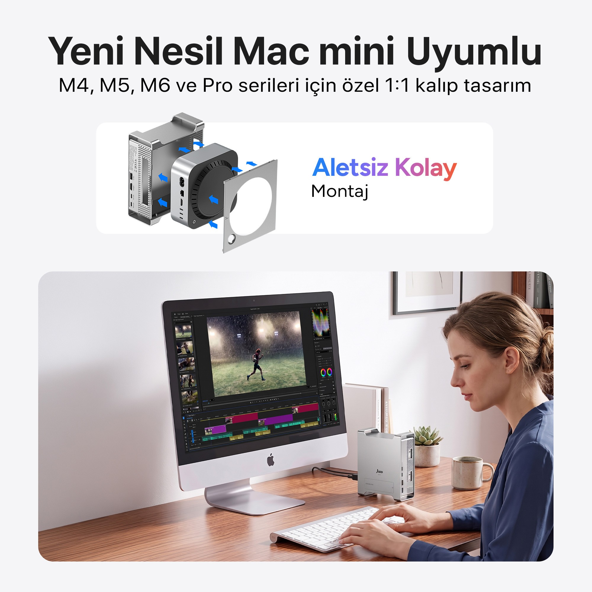 Bilgisayar, klavye ve gümüş renkli harici bir yuva ile masada çalışan kadın.
