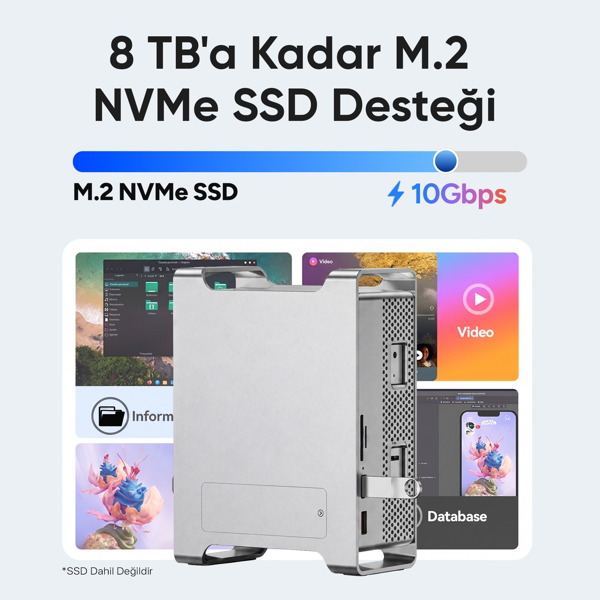 Yazılım arayüzleri önünde gri bir mini PC, M.2 NVMe SSD desteğini ve 10Gbps hızı vurguluyor.