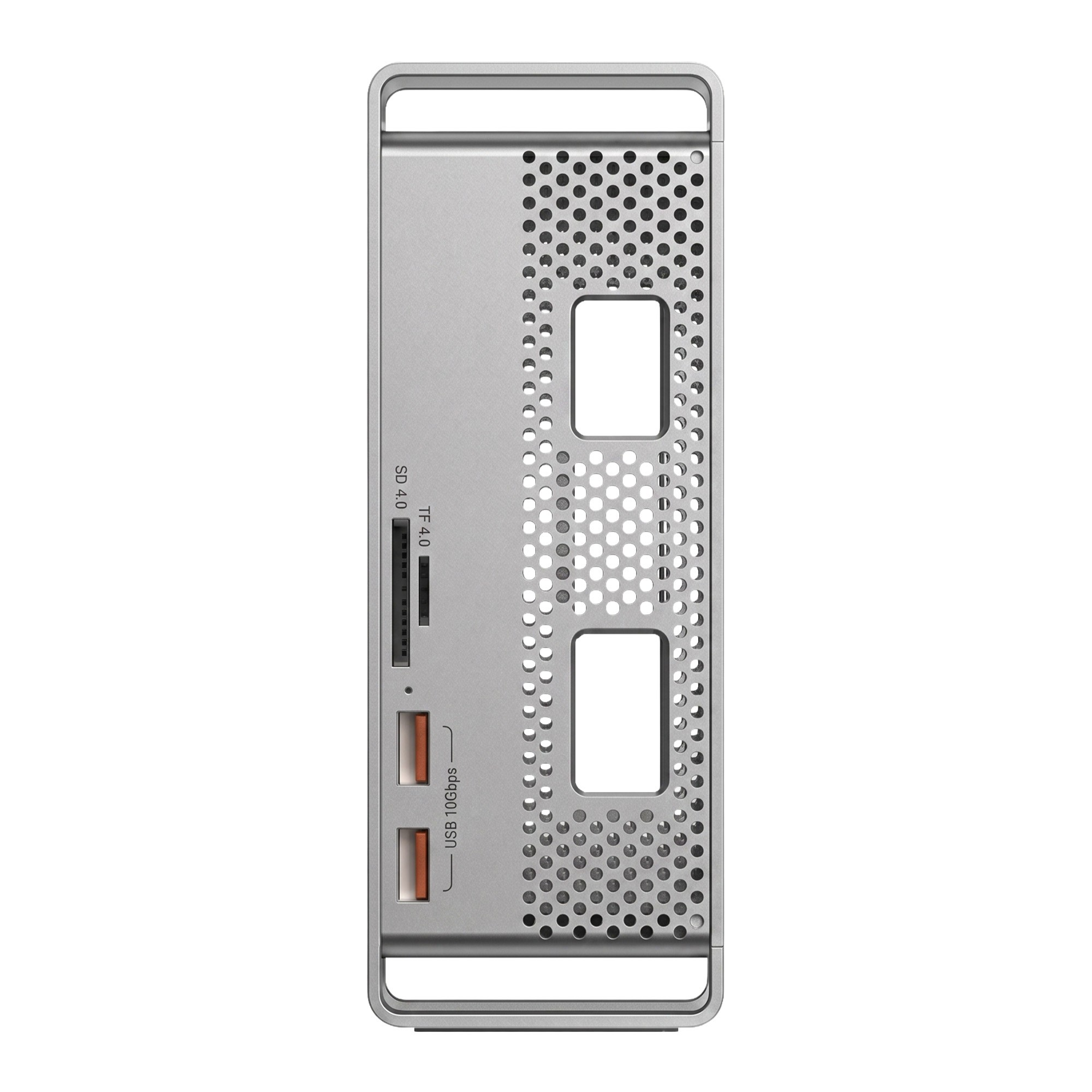 Delikli metal gövde üzerinde USB ve SD kart bağlantı noktalarına sahip gümüş elektronik aksesuar.