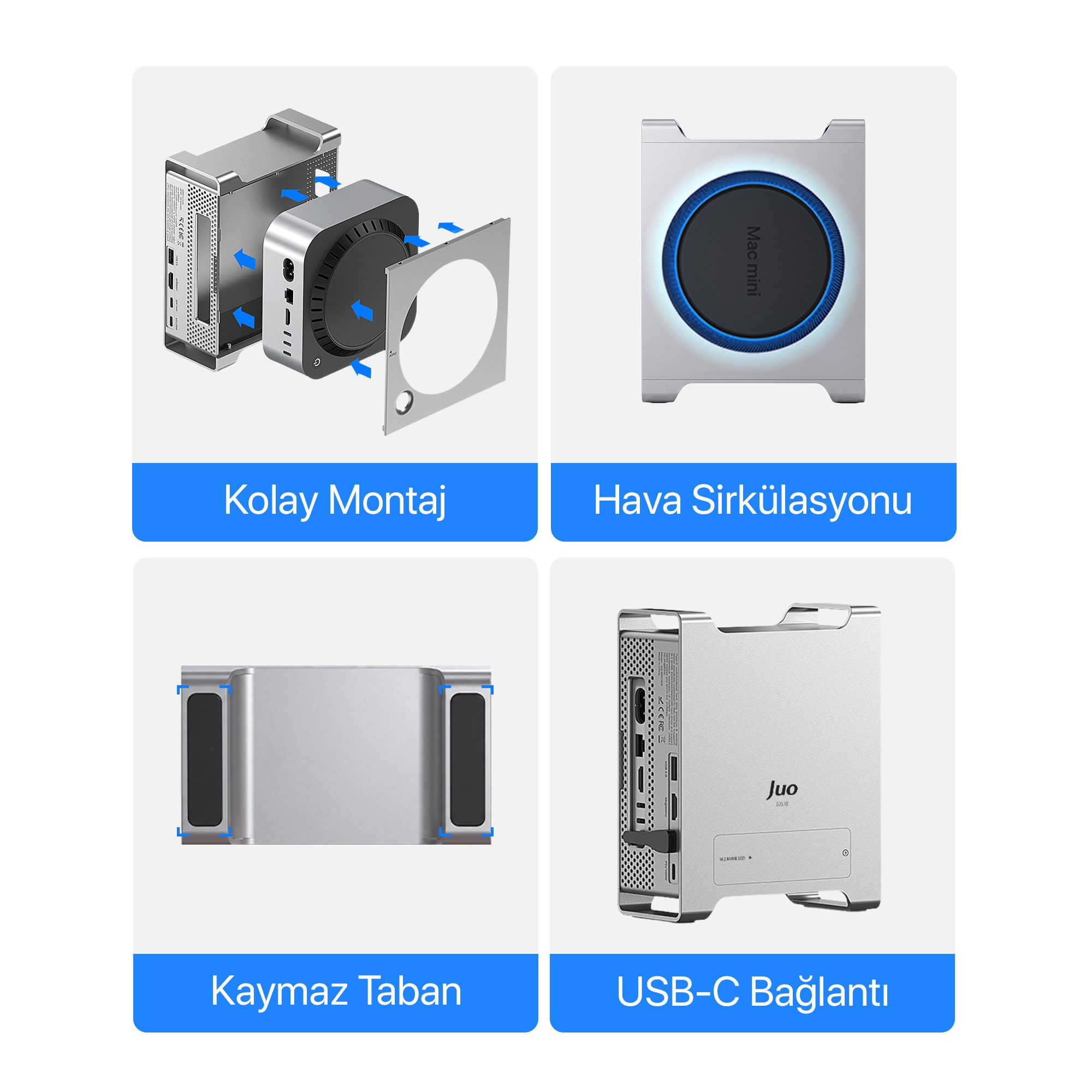 Dört panelde Mac Mini stand özellikleri: Kolay montaj, hava sirkülasyonu, kaymaz taban ve USB-C bağlantı.