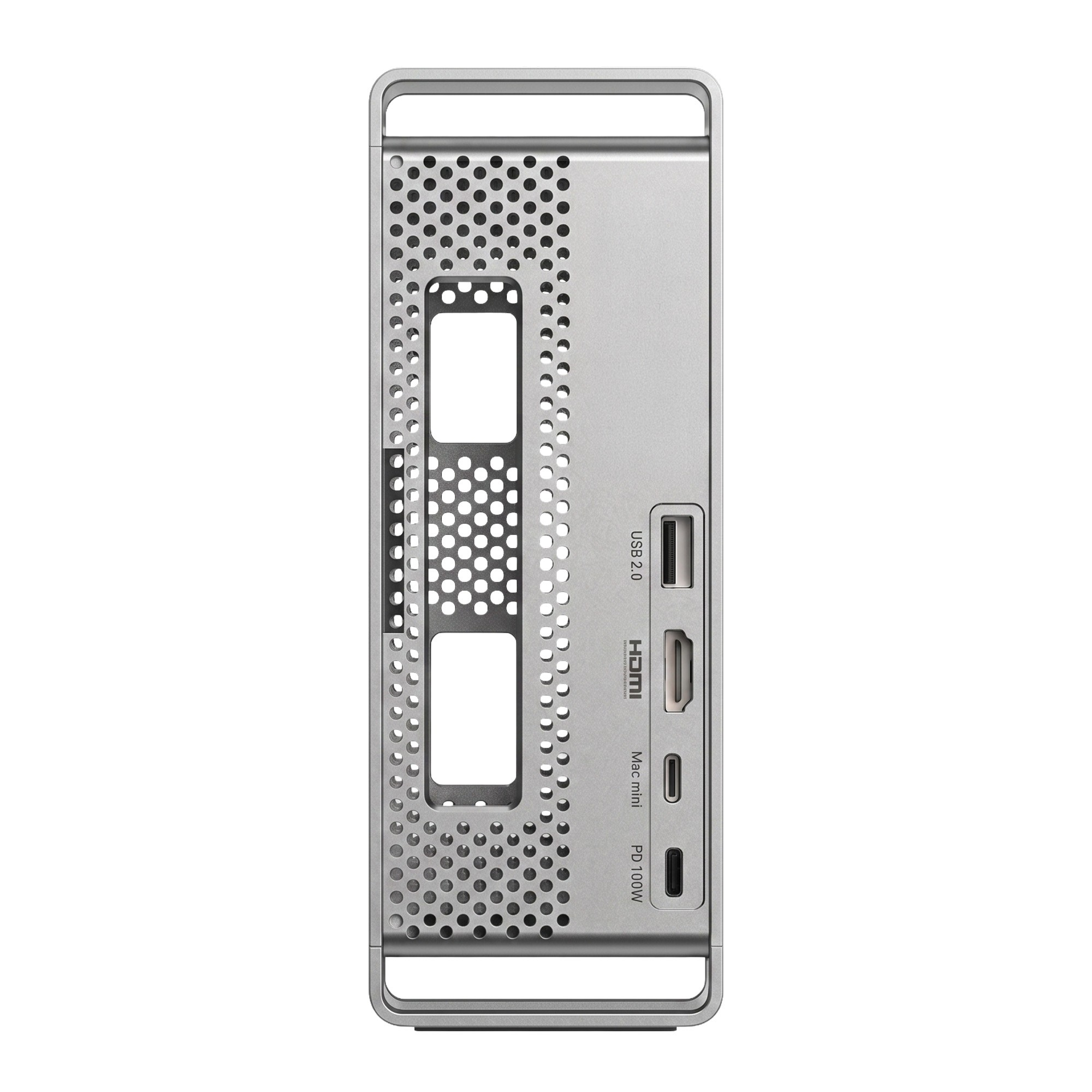 USB 2.0, HDMI, Mac mini ve PD 100W bağlantı noktalarına ve havalandırma deliklerine sahip gümüş elektronik aksesuar.