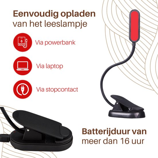 Lampada da lettura LED nera con clip, collo flessibile e info di ricarica.