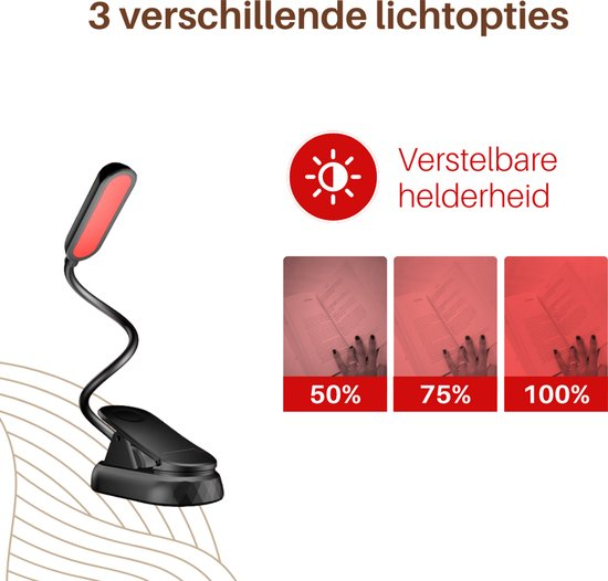 Una lampada da lettura a clip nera con livelli di luminosità regolabili del 50%, 75% e 100% che illumina un libro.