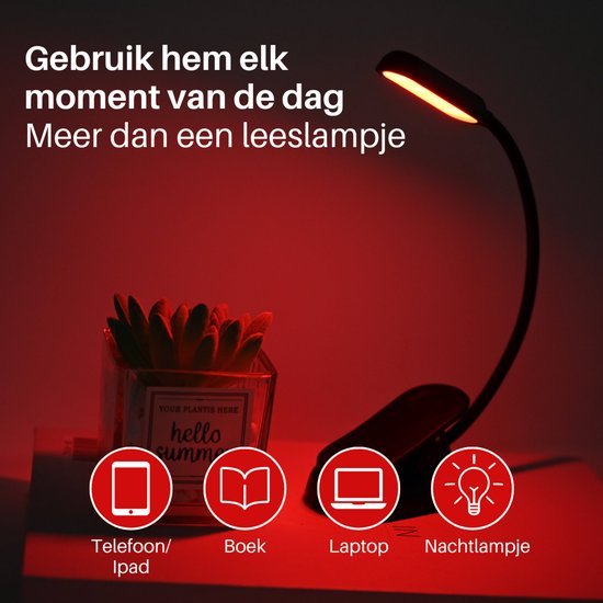 Una lampada a molla nera emette una luce rossa su un tavolo, accanto a una piccola succulenta.