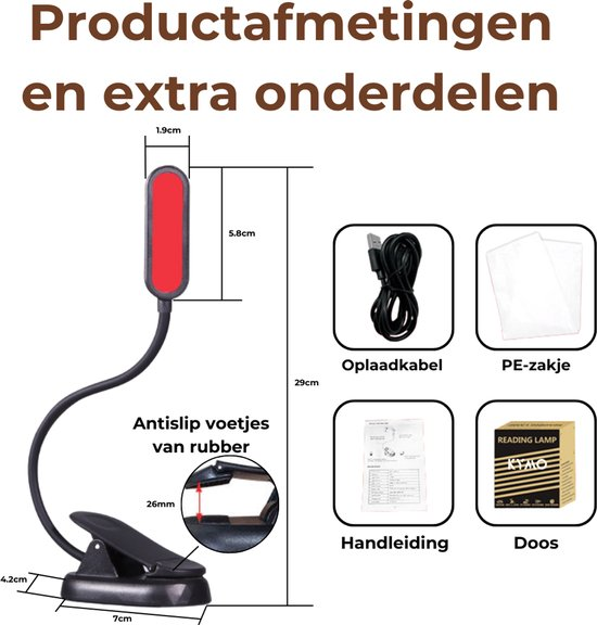 Dimensioni del prodotto e accessori di una lampada a pinza nera con cavo, manuale, busta e scatola.