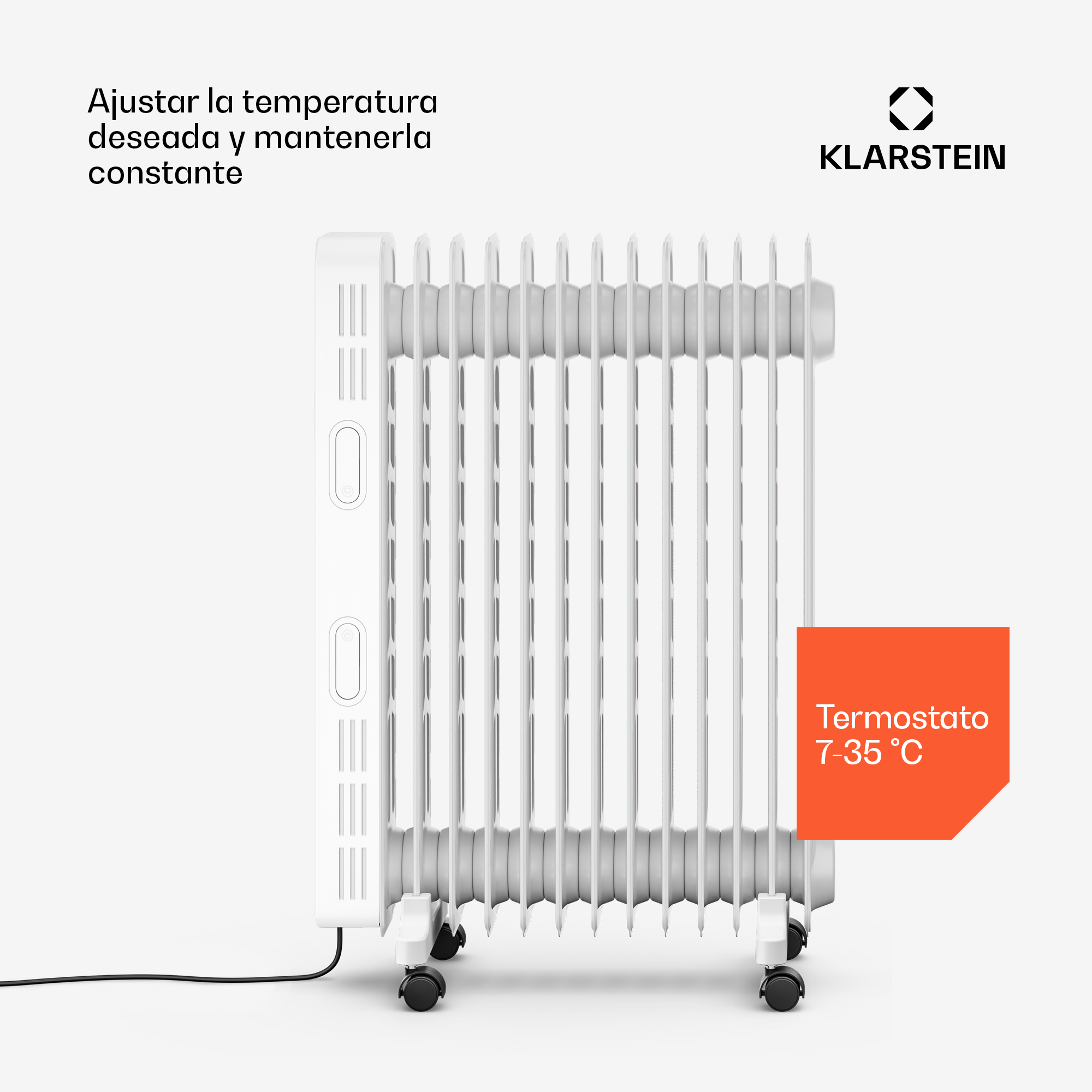 Weißer Klarstein Radiator auf Rollen mit Thermostat 7-35 °C und Text auf Spanisch.