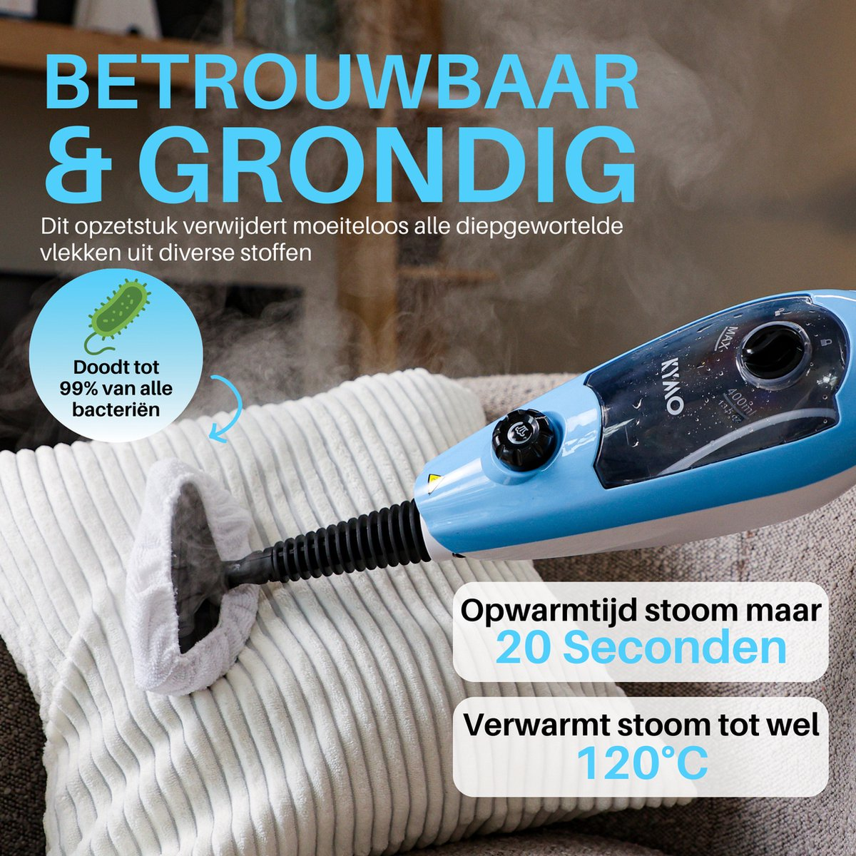 Un pulitore a vapore portatile blu vaporizza un cuscino bianco, circondato da testi promozionali in olandese.