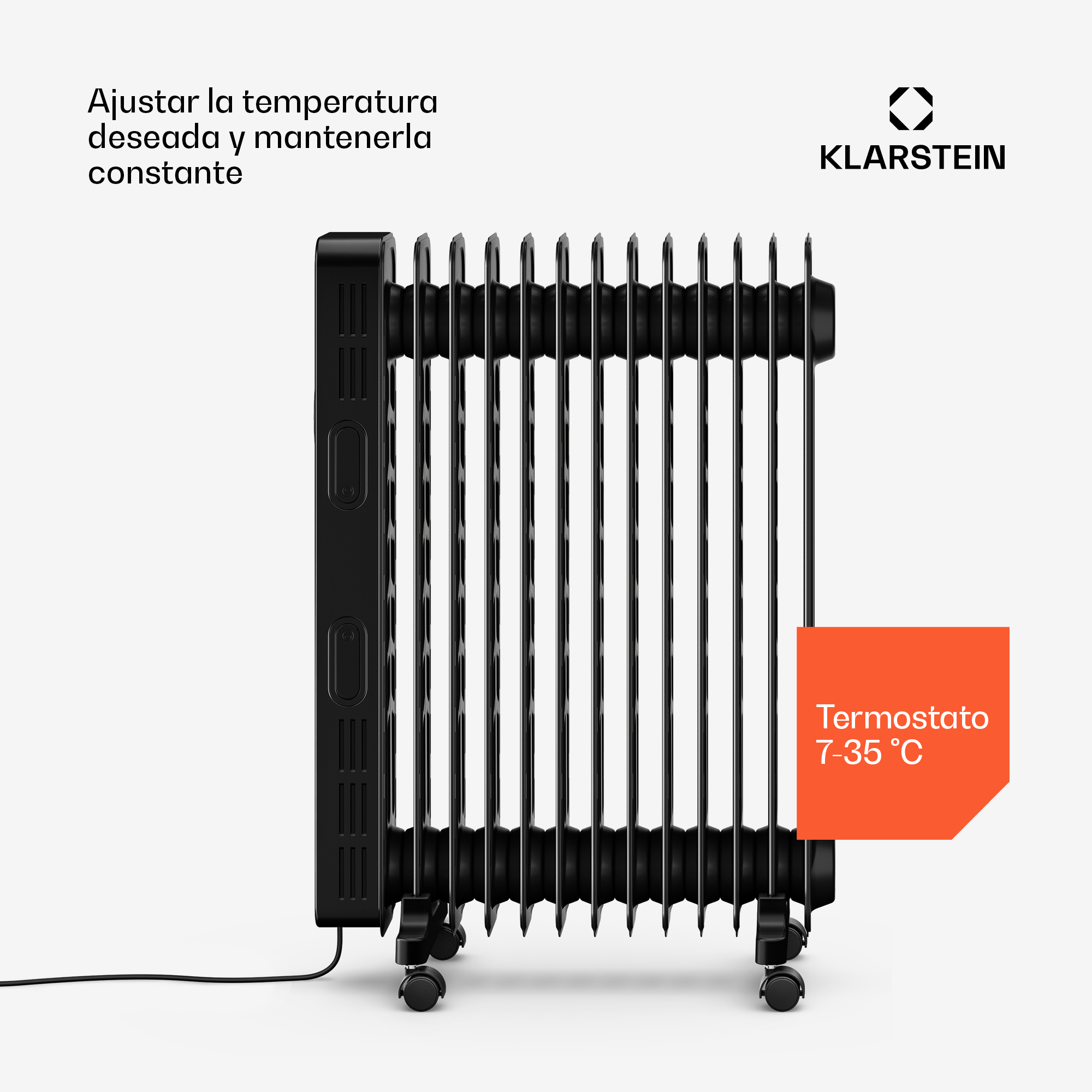 Schwarzer Klarstein Radiator auf Rollen mit digitalem Thermostat von 7 bis 35 Grad.