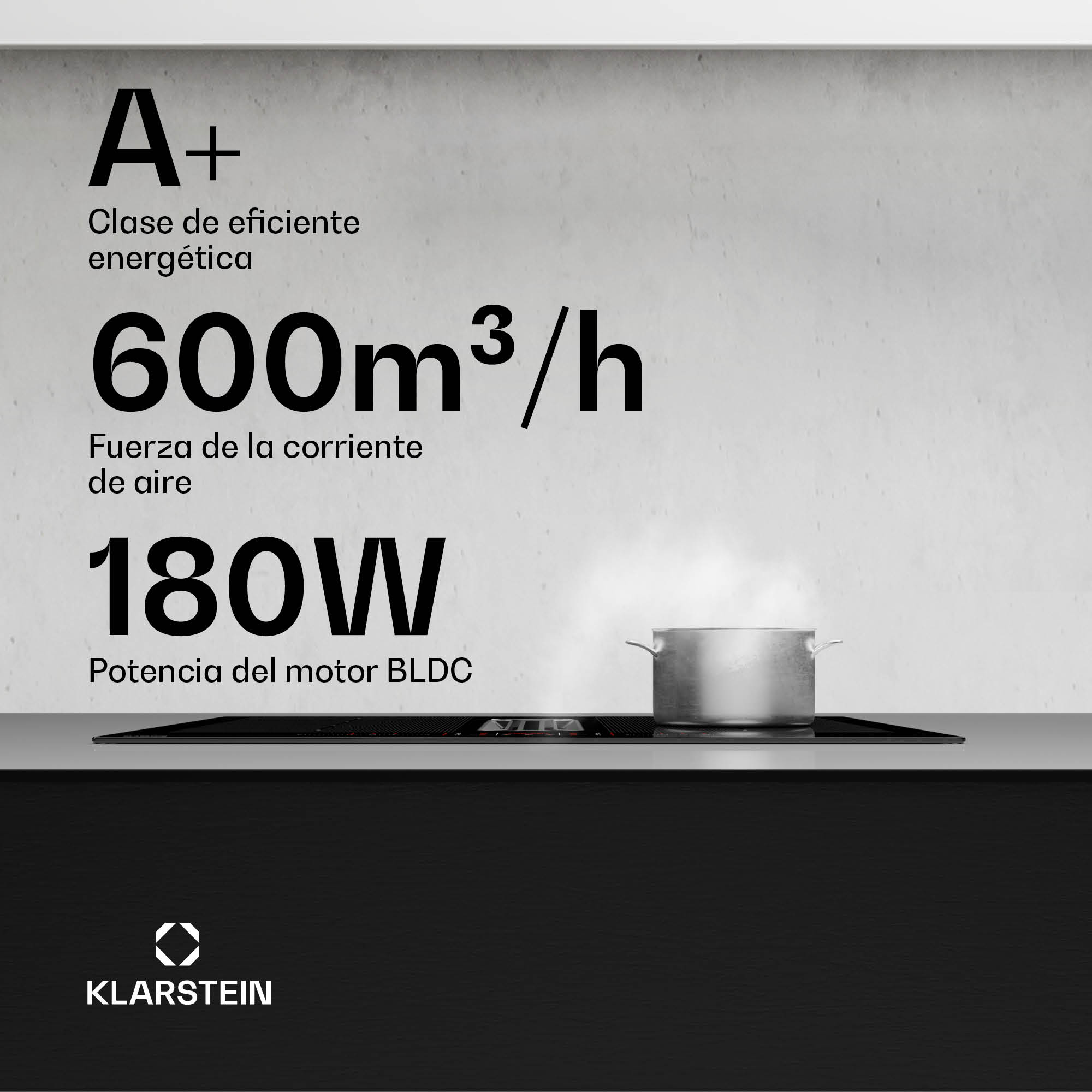 Grafica promozionale piano cottura Klarstein con efficienza A+, 600m³/h e 180W.