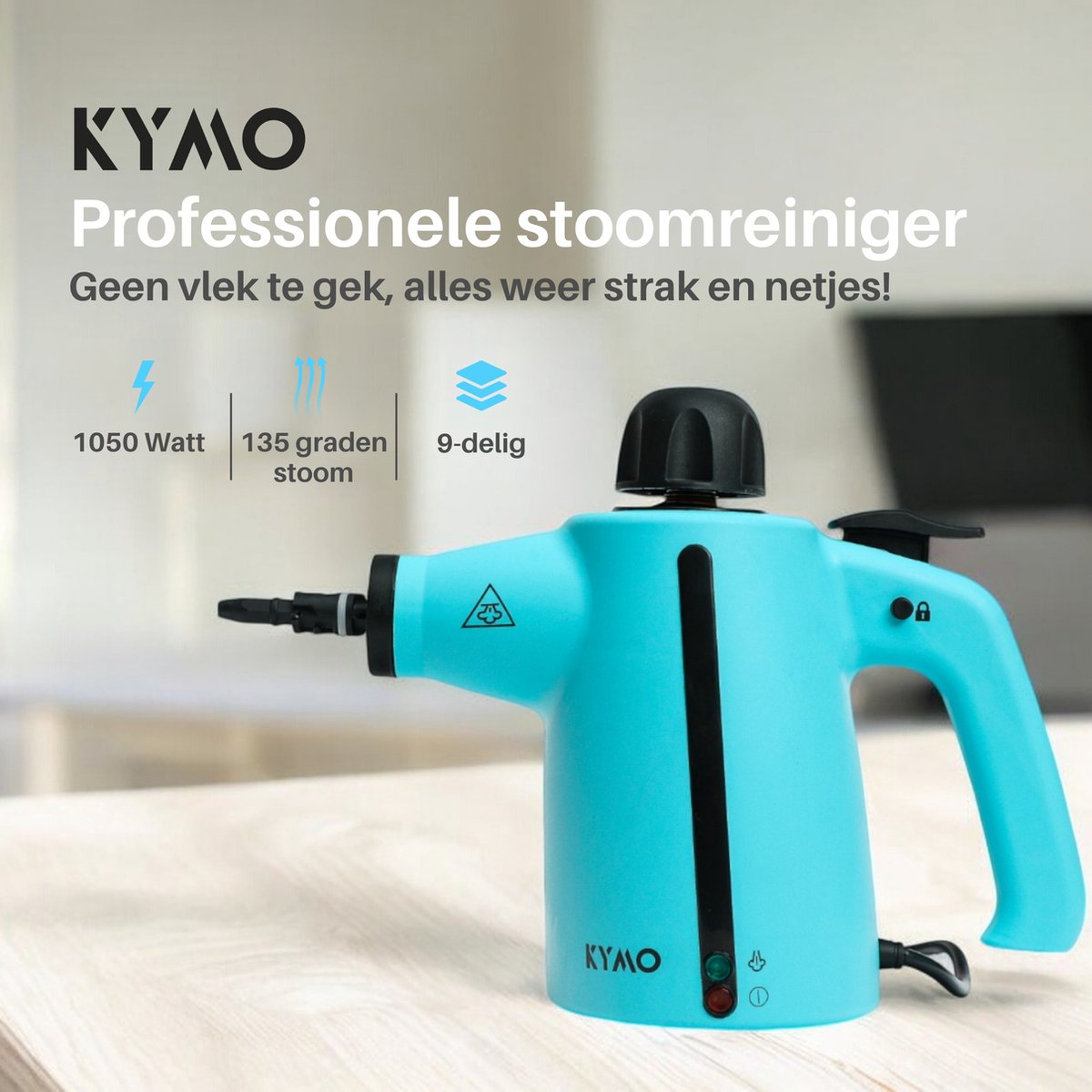 Un pulitore a vapor portatile azzurro con ugello nero su una superficie di legno, con testo sopra.