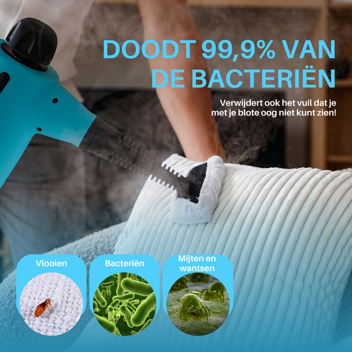 Un pulitore a vapore blu pulisce un cuscino bianco, con testo sull'eliminazione dei batteri.