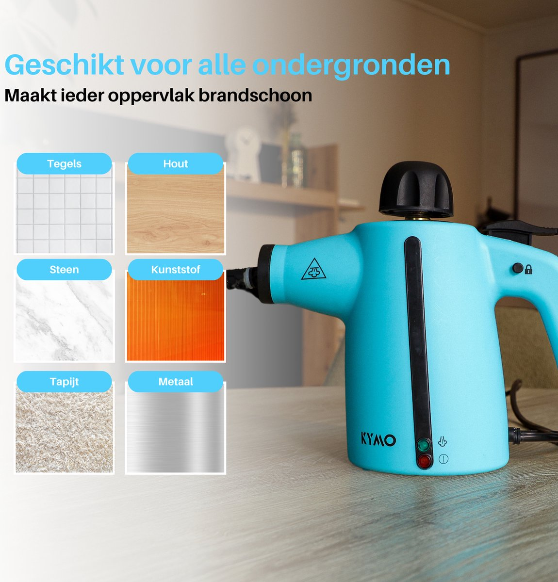 Un pulitore a vapore portatile blu su un tavolo di legno, con testo in olandese e campioni a sinistra.