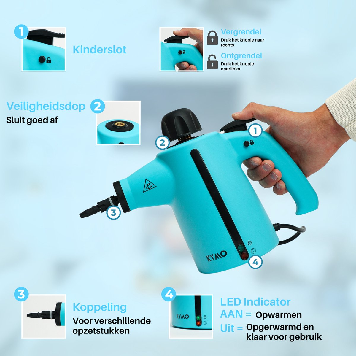 Una mano sostiene un pulitore a vapore azzurro, con diagrammi numerati che spiegano blocco bambini e tappo.