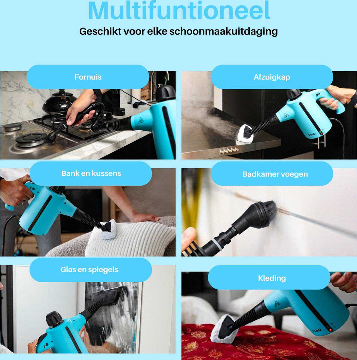 Sei immagini mostrano un pulitore a vaporiera portatile blu che pulisce piano cottura, cappa, cuscini, fughe, specchi e tessuti.