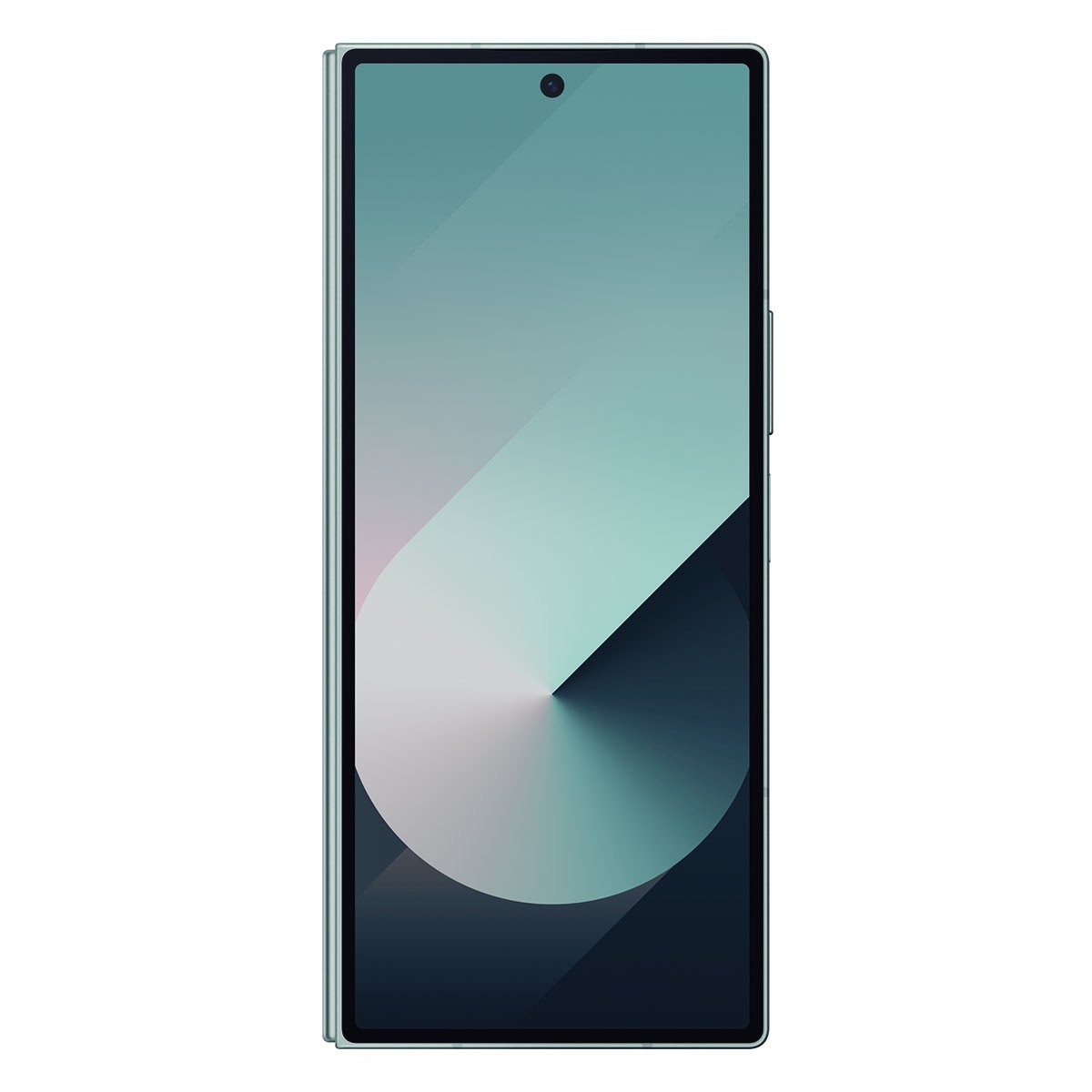 Un teléfono inteligente con pantalla sin marcos y fondo verde abstracto.