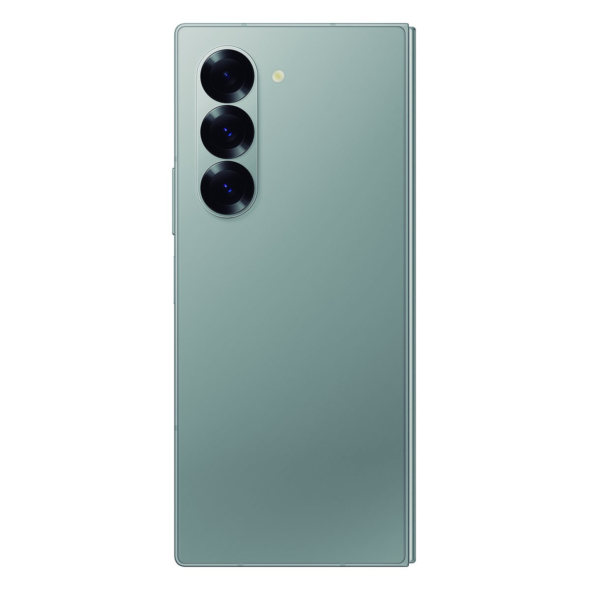 Parte trasera de un smartphone verde menta con tres cámaras alineadas verticalmente arriba a la izquierda y un flash.