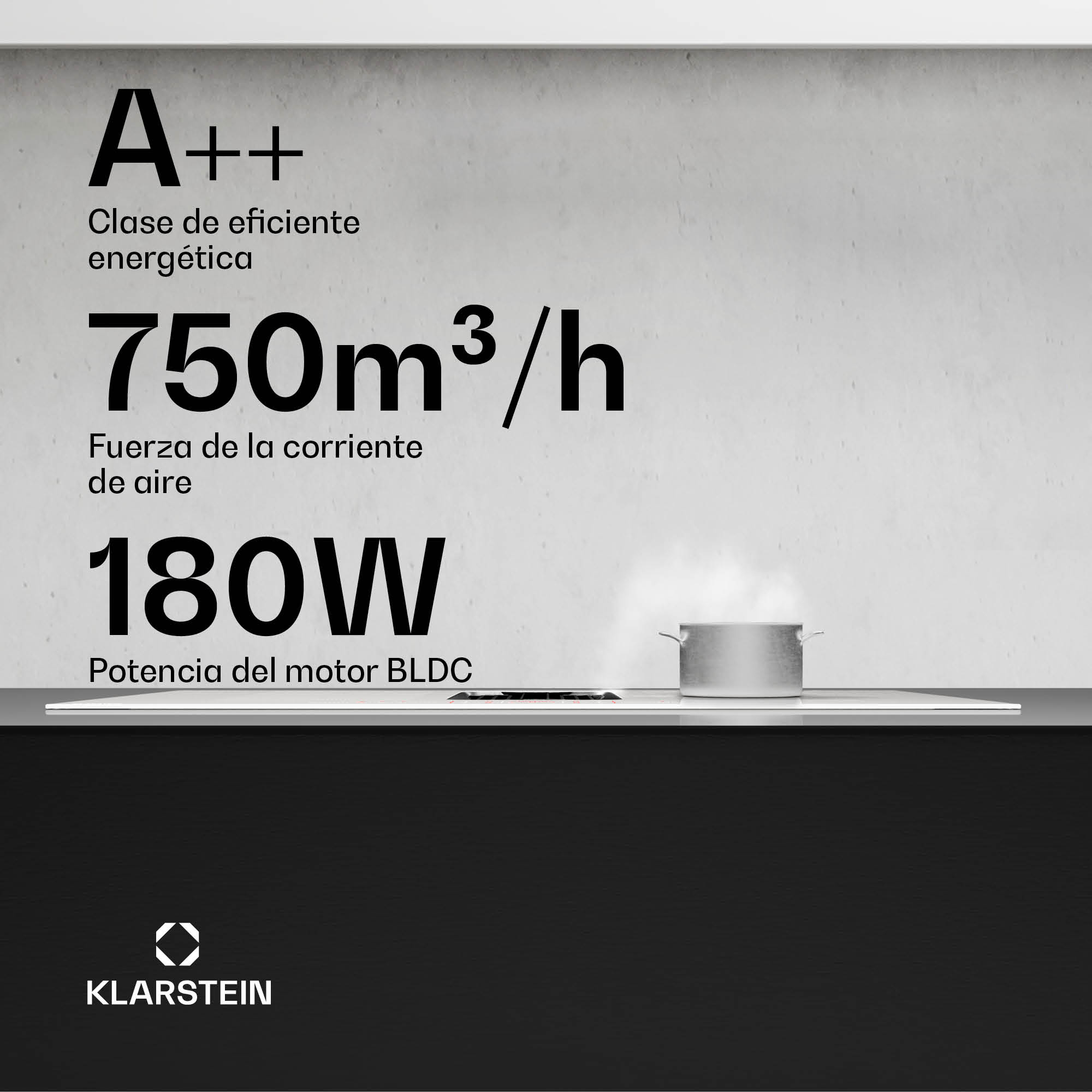 Cucina con piano cottura, pentola e specifiche come efficienza A++ e logo Klarstein.