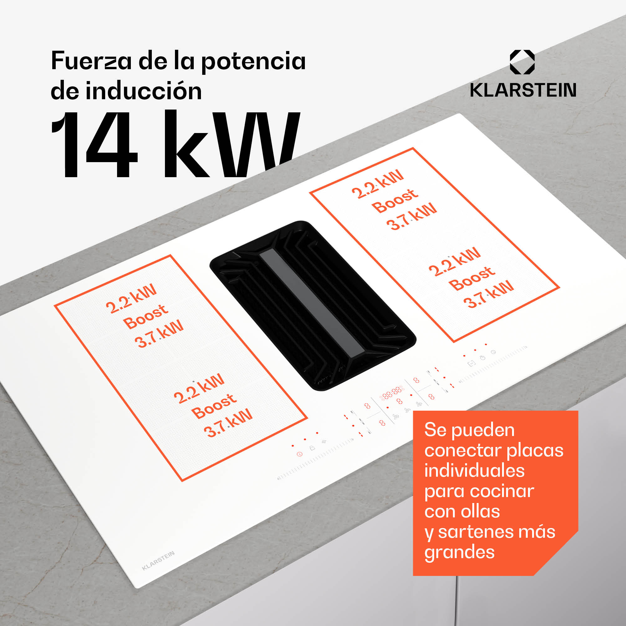 Piano ad induzione bianco Klarstein con cappa aspirante integrata e 14 kW di potenza.