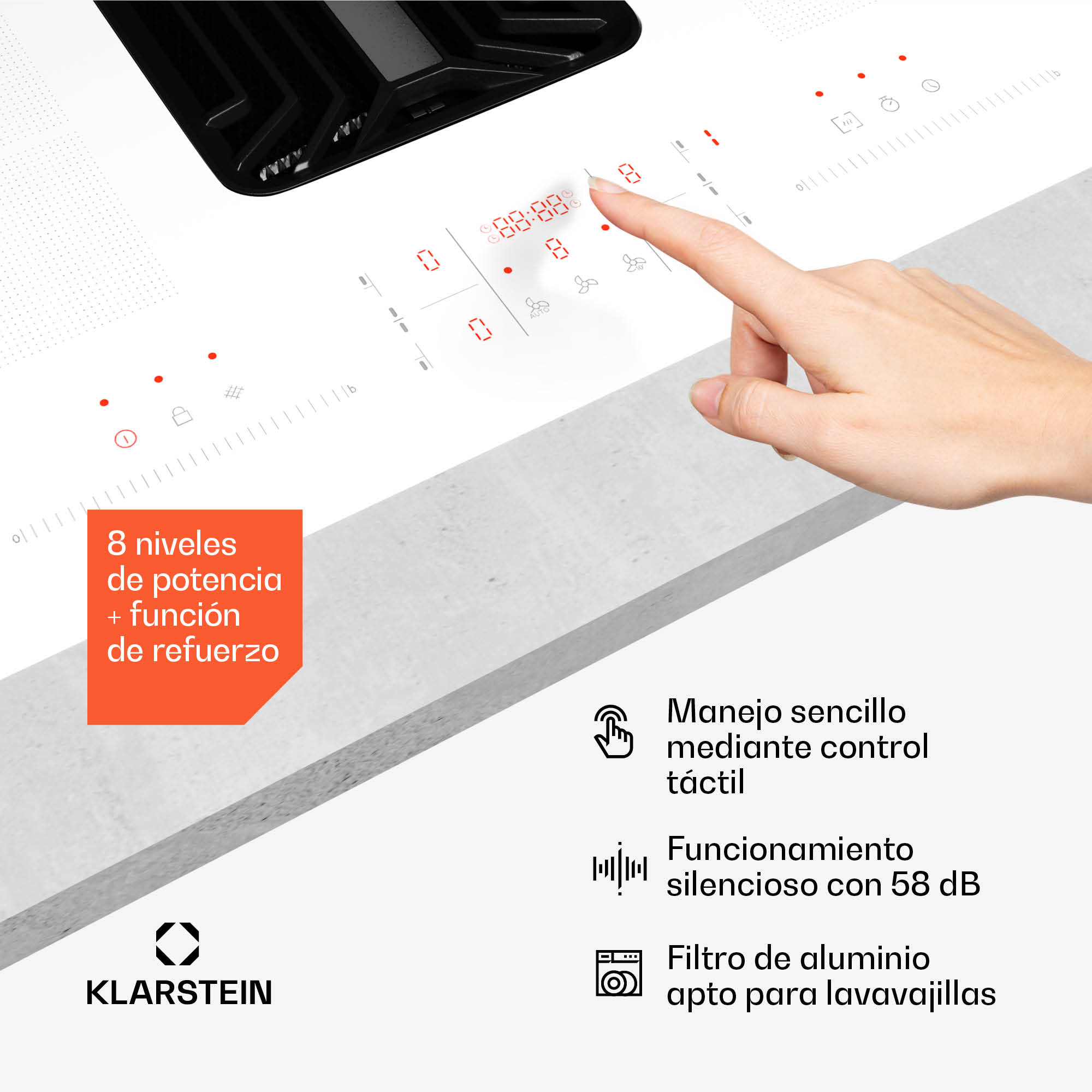 Mano che aziona il pannello touch di un piano a induzione bianco Klarstein con testi.